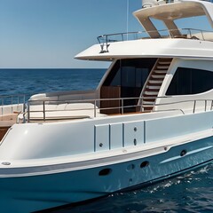 Minimalist side profile of a motor yacht on deep blue open ocean with gentle waves under a clean light blue sky, high-detail, no people,Generative Ai
