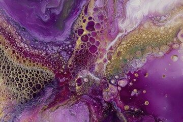 Abstract purple and gold fluid acrylic pour painting