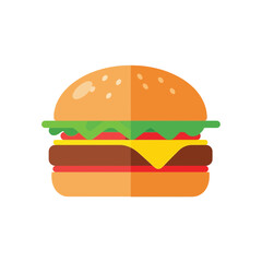 Vector art of a delicious, juicy hamburger with lettuce, tomato, cheese, and a sesame seed bun, isolated on a