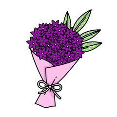 Vector art of a beautiful bouquet of small purple flowers, elegantly wrapped in pink paper and tied with a white ribbon, isolated on a
