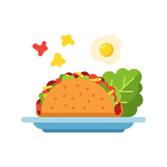 Vector art of delicious taco with lettuce, egg, and colorful toppings on a plate