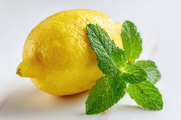 Fresh lemon and mint leaves on a light surface