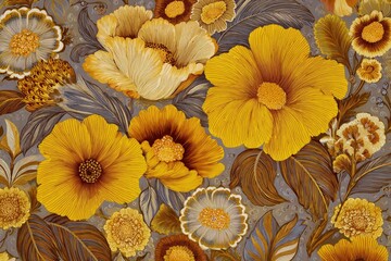 Vibrant yellow and beige flowers on a gray background