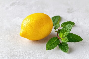 Fresh yellow lemon beside mint leaves