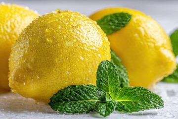 Close-up of fresh lemons with mint leaves