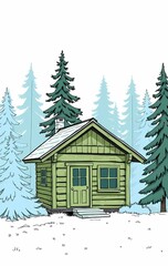 Cozy Green Wooden Cabin in a Snowy Forest with Stylized Pine Trees and Winter Atmosphere