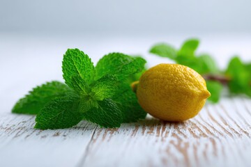 Fresh lemon and mint on a white wooden surface