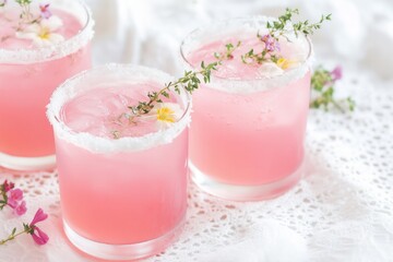 Refreshing pink cocktails served in elegant glasses, garnished with fresh herbs and edible flowers, creating a vibrant and inviting atmosphere for summer gatherings