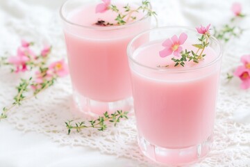 Refreshing pink beverage served in clear glasses, garnished with delicate flowers and herbs, placed on a soft white lace fabric, creating a serene and inviting atmosphere for relaxation