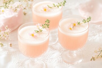 Three elegant cocktails in delicate glassware, featuring pink hues and floral garnishes, arranged on a lace tablecloth with soft pastel decorations, perfect for celebrations and gatherings