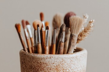 A collection of paintbrushes in a ceramic container