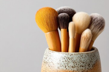 Makeup brushes in a ceramic holder