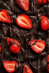 Fresh strawberries drizzled with rich dark chocolate on a decadent brownie surface, creating a visually appealing dessert arrangement for culinary enthusiasts and food lovers