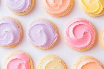 Colorful frosted cookies arranged in a neat pattern, showcasing vibrant pastel shades of pink, purple, and yellow, creating a delightful dessert display for celebrations and gatherings