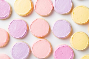 Colorful round cookies with pastel frosting in pink, purple, and yellow arranged on a white background, showcasing delightful dessert presentation and vibrant colors