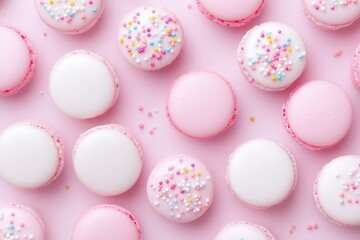 Colorful macarons in various shades of pink and white, adorned with sprinkles, arranged neatly on a soft pink background, showcasing delightful pastry artistry and dessert elegance