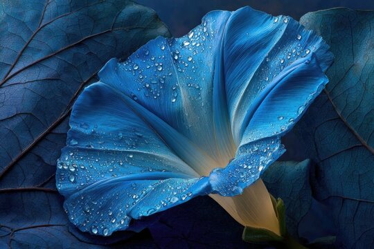 Vibrant blue flower with dew drops, dark leaves