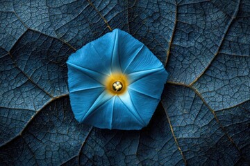 Vibrant blue flower centered on dark textured leaves