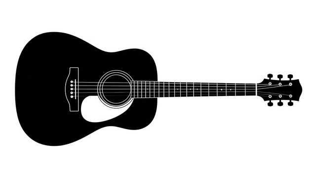 Black and white silhouette of an acoustic guitar, a detailed illustration of a six-string guitar, showing its body, neck, fretboard, and tuning pegs, isolated on white background.