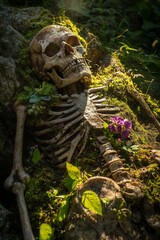 Skeleton resting among lush green moss and vibrant flowers, illuminated by soft sunlight, creating a serene and mysterious atmosphere in a natural setting