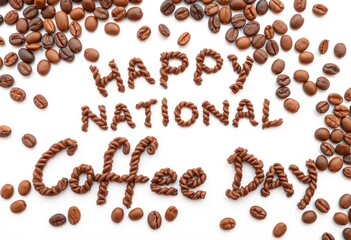 Roasted coffee beans scattered on white background, forming "Happy National Coffee Day" message,   macro,  beverage