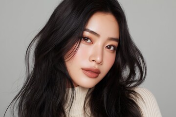 Naklejka premium Close-up portrait of a radiant Asian woman with long, flowing black hair and soft, nude makeup. Concept for beauty product promotion, cosmetic advertising and skincare campaign visuals