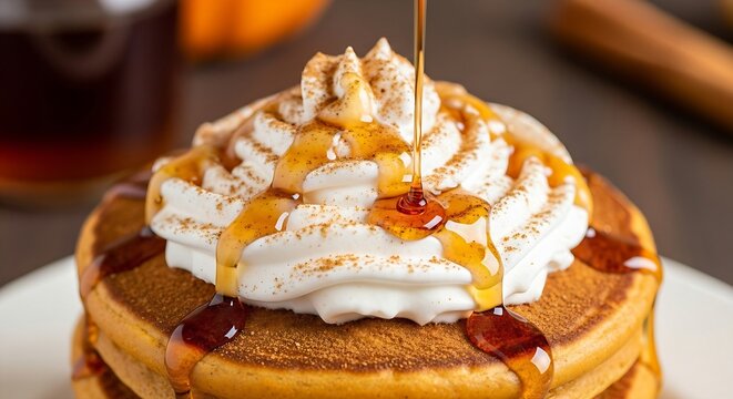 a stack of fluffy pumpkin spice pancakes, generously topped with whipped cream and a sprinkle of cinnamon and nutmeg. A rich maple syrup drizzle is frozen in motion.