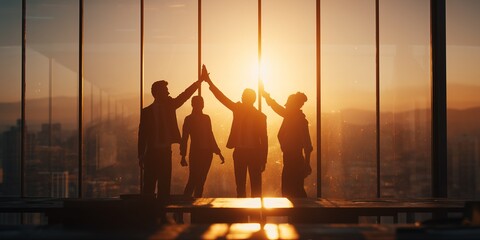 Silhouetted business team high-fiving against sunset city view through office windows, concept for teamwork success, corporate partnership, and celebrating achievement milestone