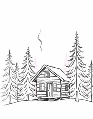 Hand-drawn Illustration of a Cozy Log Cabin in a Serene Winter Forest Scene