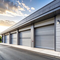 Fototapeta premium Modern, light-gray metal garage doors line a paved street under a wide, contemporary roof.