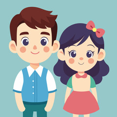 Illustration of a cute boy and girl standing side by side, perfect for childrens books or educational materials on a light blue background