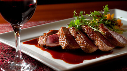 Seared duck breast sliced and fanned on a plate with red wine reduction