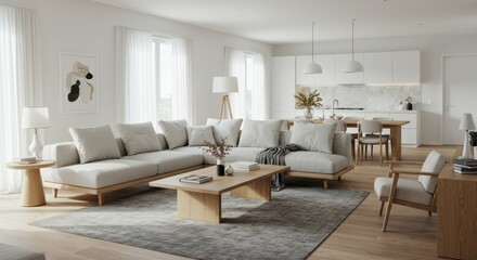 Modern Living Room Interior with Neutral Tones and Minimalist Design.