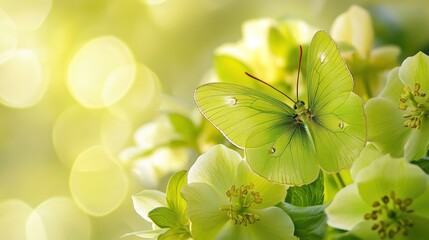 Delicate green butterfly on pale yellow flowers, spring background, nature, close-up, suitable for wallpaper or greeting card