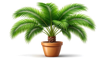 Obraz premium Vibrant illustration of a lush houseplant, a potted palm tree, displaying detailed foliage and a rich terracotta pot against a simple white backdrop.