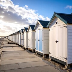 Naklejka premium Beach huts line a coastal walkway