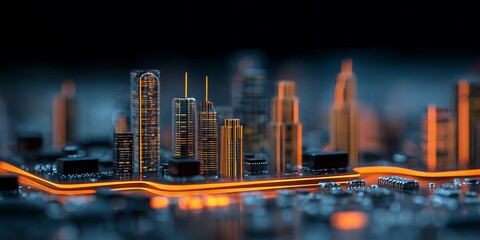 Miniature futuristic city built on a computer circuit board with glowing orange accents. Concept for smart city technology, data processing solutions and artificial intelligence advancement