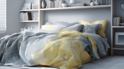 A bedroom interior featuring a bed with yellow and gray bedding and built in bookshelves around the bed