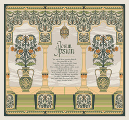 Islamic Vintage Floral Ornamental Invitation Card Template with Medieval Green Background © Wetan Clan