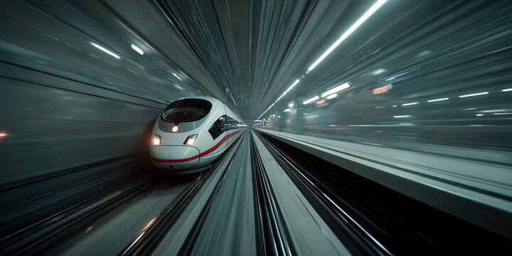 Modern high-speed train speeding through a tunnel with motion blur, concept for futuristic transportation, urban development and efficient logistics