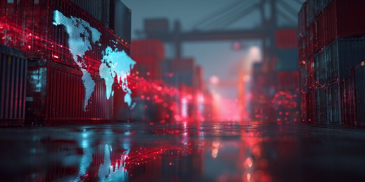 Cargo containers with a world map and red connection lines reflecting on the ground, illuminated with digital light. concept for global logistics, supply chain management and international trade