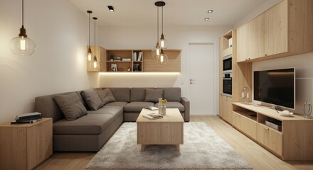 Fototapeta premium Modern Living Room Interior with Sectional Sofa and Lighting.