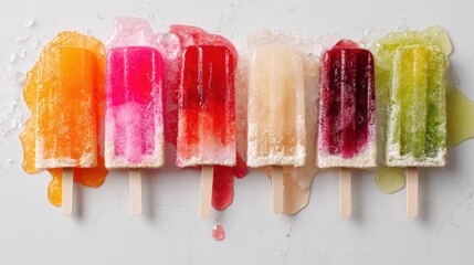 Colorful assortment of refreshing frozen ice pops arranged on a light surface with melting drips creating a vibrant summertime treat display
