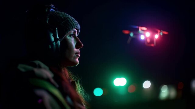 Medium shot of a drone pilot intently watching a small drone take off illuminated by soft red and green navigation lights in a nighttraining simulation.