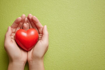 Fototapeta premium Tender hands cradle a vibrant red heart against a soft lime green background.