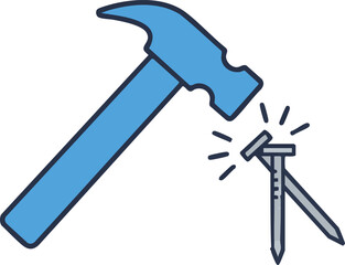 A stylized blue hammer strikes a metal nail, creating a spark, next to another nail, illustrating construction or repair work.