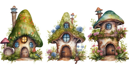 Fototapeta premium set of cute fairy houses in watercolor on white background
