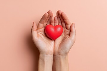 Obraz premium A small, vibrant red heart is gently held within two hands against a soft peach background.
