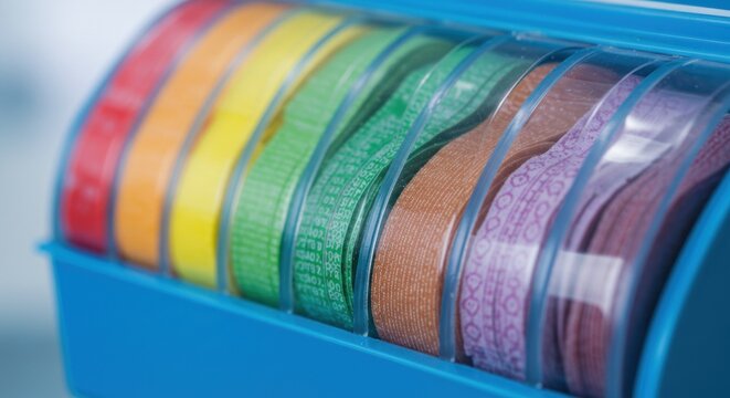 Rainbow colored rolls of tape in a blue plastic organizer