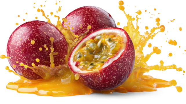ed passion fruit with splashes of passionfruit juice isolated on a white background